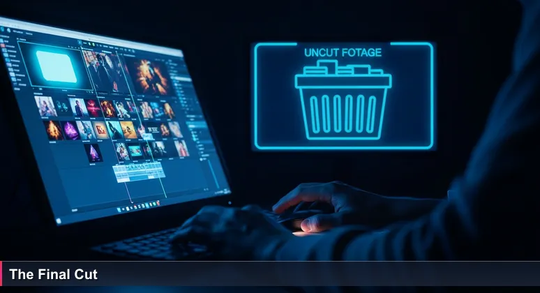 A film editor's hands hover over a digital timeline on a glowing blue screen in a dark room, with bins labelled 'uncut footage' in the background.