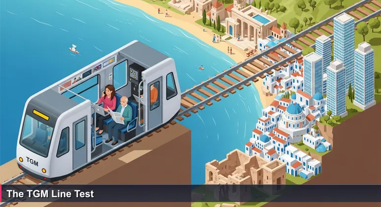 A young woman in a tech hoodie on a Tunisian TGM train, balancing a laptop bag, with Mediterranean coastline visible through the window, contrasting with an elderly man reading a newspaper.