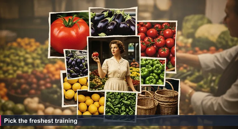 A woman in a simple dress holds a tomato at a crowded market stall in the Tunis medina, symbolizing the abundance of free tech training choices.