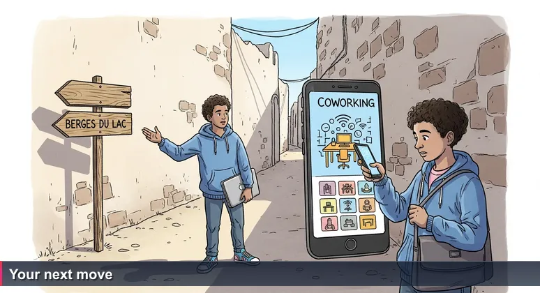 Two young Tunisians at a fork in a medina alley, one gesturing toward a Berges du Lac sign, the other looking at a coworking space map on a phone, deciding where to work.