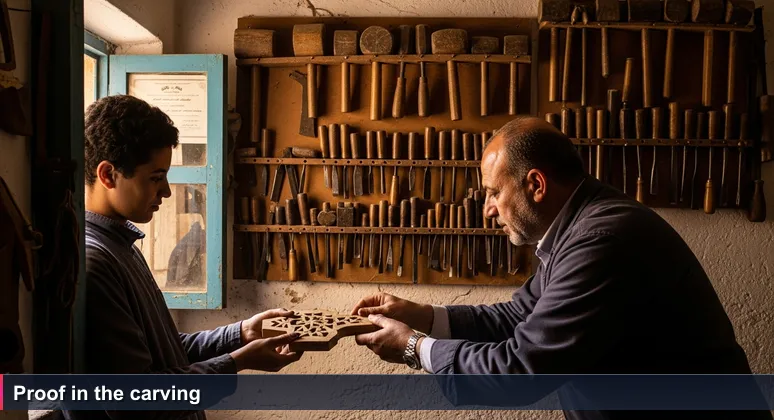 A young apprentice in a Tunisian medina workshop holds a carved piece as a master craftsman inspects it, symbolizing skill over credentials