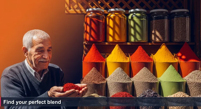 An elderly spice merchant in the Tunis Medina cupping saffron, surrounded by colorful jars, gesturing as if guiding a customer.