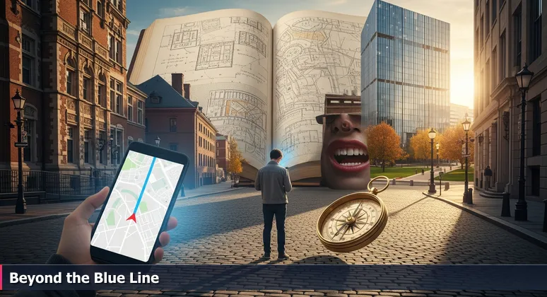 A person in Cambridge, MA looking confused at a phone map, surrounded by iconic MIT buildings and biotech towers in Kendall Square.