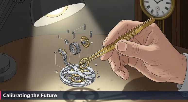 Close-up of a clockmaker's hands replacing a gear inside an antique grandfather clock, symbolizing Cambridge's internal tech reinvention for 2026 careers.