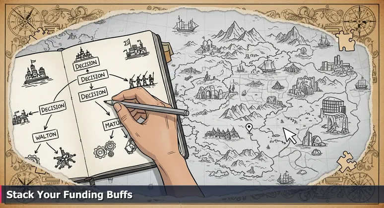 A strategy game screen with a foggy map and icons for funding options, symbolizing the complex decision-making for tech training in Cambridge.