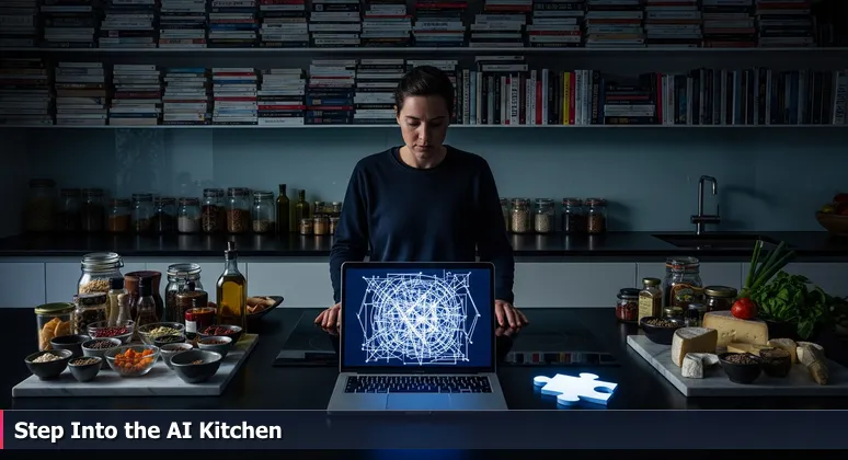 A solitary person in a modern kitchen at night, overwhelmed by cookbooks and ingredients, with a laptop screen showing complex AI concepts for screen readers.