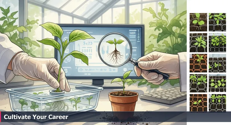 A botanist's gloved hands examining a high-tech hydroponic seedling and a soil-grown seedling in a Cambridge research greenhouse, symbolizing tech career path choices.
