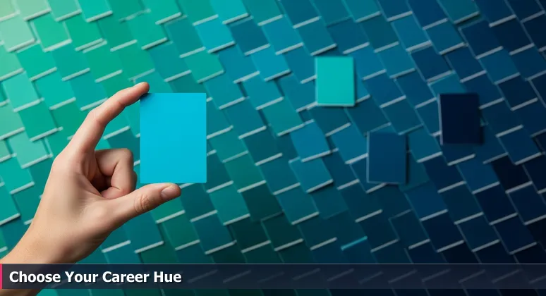 A hand holding a blue paint chip against a wall of many similar swatches, symbolizing the choice of AI bootcamps in Cambridge's competitive tech market.