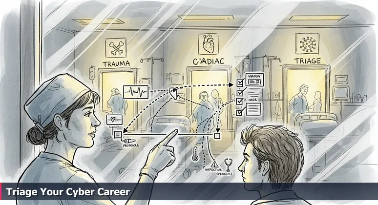 An illustrated scene of a hospital ER representing the 2026 cybersecurity job market in Cambridge, with triage stations for tech, defense, and biotech sectors.
