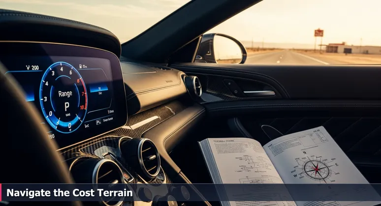 A luxury car dashboard displays a high mileage range, with a desert highway and distant gas station visible through the window, symbolizing the gap between tech salary promises and Cambridge's real costs.