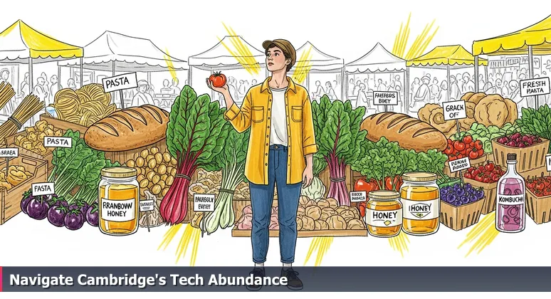 A person overwhelmed by choices at Central Square Farmers' Market in Cambridge, symbolizing the abundance of free tech training options.