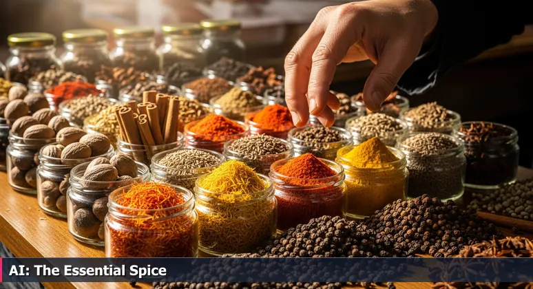 A close-up of a 15th-century merchant's hand hovering over jars of exotic spices, symbolizing AI talent's hidden value across Cambridge industries like biotech and finance.