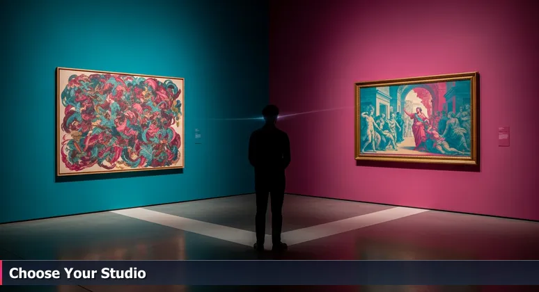 A junior developer in a Cambridge museum, choosing between vibrant AI and precise biotech artworks on opposite walls.
