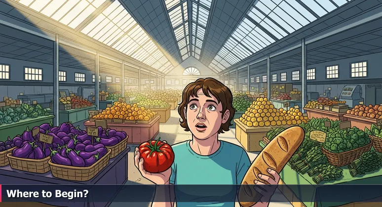 A person standing in a crowded Cambridge farmers market, holding a tomato and bread, with an overwhelmed expression symbolizing abundant choices in the tech ecosystem.