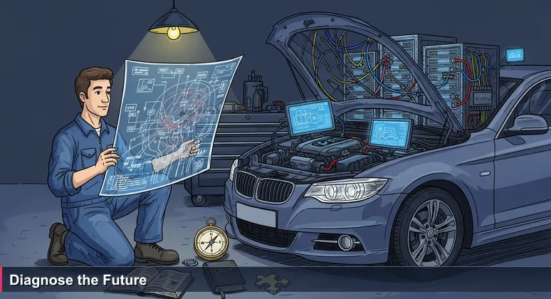 A mechanic in coveralls inspects a car engine retrofitted with AI systems like data cables and server racks, symbolizing AI integration in Sioux Falls' healthcare and finance industries.