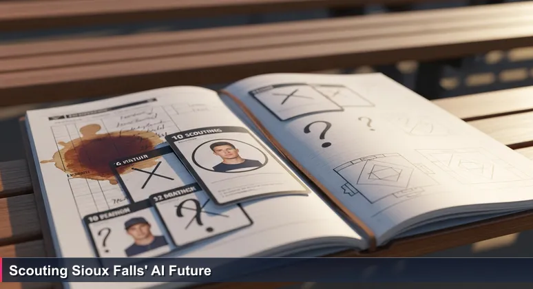 An open baseball scout's notebook on bleachers with handwritten notes ranking AI startups, coffee stains, and calculations, symbolizing early evaluation of tech talent in Sioux Falls.