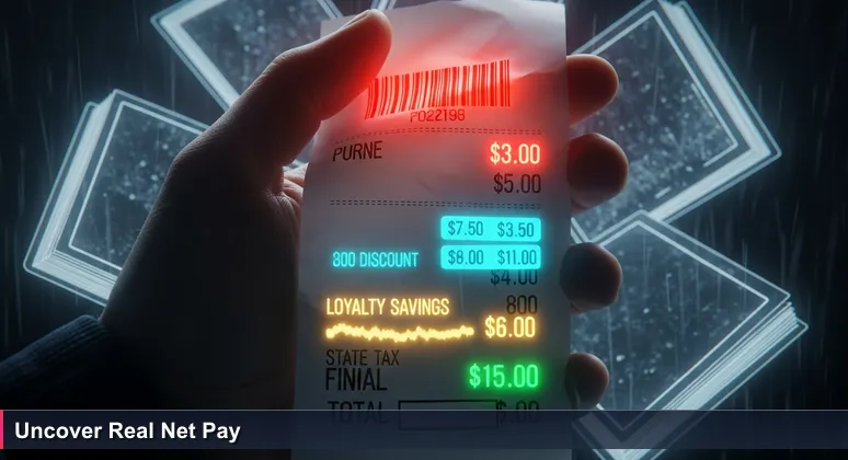 A close-up image of a grocery receipt in hand, showing a high subtotal and lower final total after discounts, with no state tax line, symbolizing the net pay advantage for AI salaries in Sioux Falls, SD.
