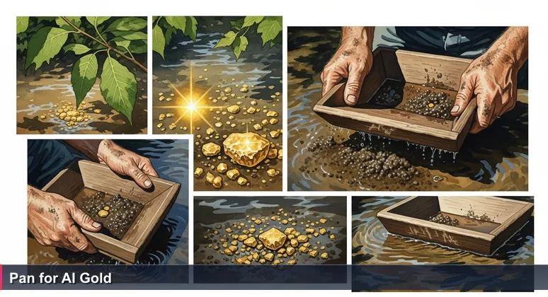 Worn hands panning for gold in silt, with flecks of gold, symbolizing AI career opportunities in Sioux Falls.
