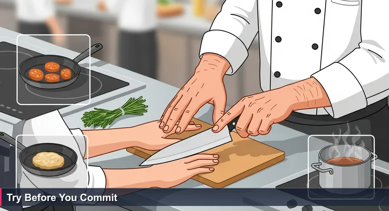 Apprentice and chef hands guiding a knife in a professional kitchen, symbolizing tech career training in Sioux Falls' earn-while-you-learn programs