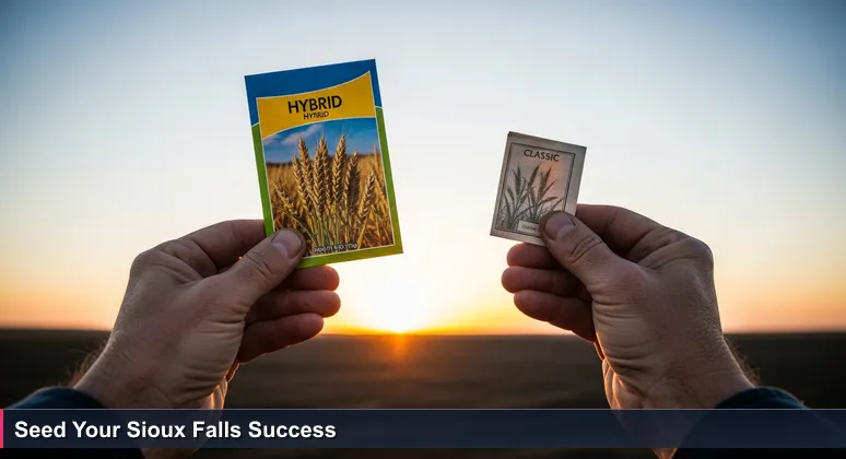 A farmer's hands holding two seed packets against the dawn sky over the Sioux Falls prairie, symbolizing the choice of tech bootcamps.