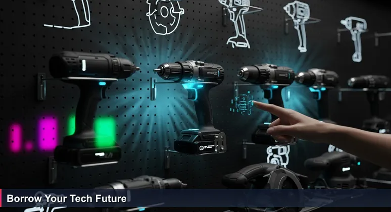 A close-up of a community tool library wall with power tools like drills and saws, and a hand reaching for a cordless drill, symbolizing free access to tech training in Sioux Falls.