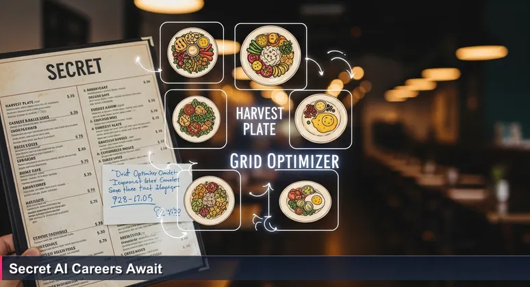 A hand in a diner holds a regular menu, with a secret handwritten menu visible underneath listing AI career opportunities in Sioux Falls industries.