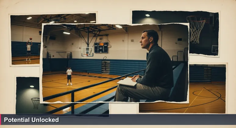 A scout in bleachers observing a basketball player practicing alone in an empty gym, symbolizing skills-first hiring in Sioux Falls tech careers.