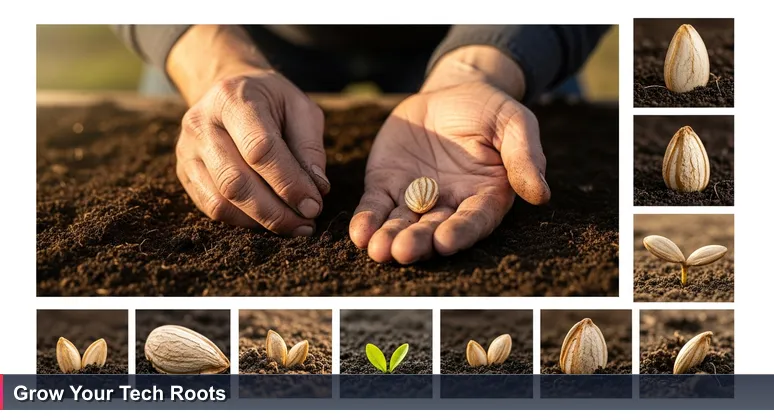Farmer's hands with Sioux Falls soil and a seed, symbolizing the nurturing of women's tech careers in the local ecosystem.