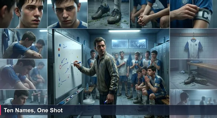 A tense Buenos Aires locker room: coach writes a vertical list of ten jersey numbers on a whiteboard while twenty muddy-booted youth players watch, fluorescent lights and wet grass scent in the air.