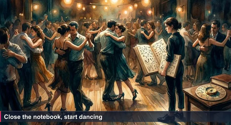 Dimly lit Buenos Aires milonga with dozens of couples dancing; one person stands at the edge in pristine tango shoes, clutching a notebook of step diagrams, watching the crowded floor.