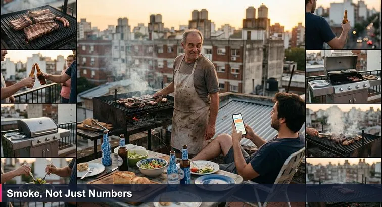Rooftop asado in Buenos Aires at sunset: smoke rising from a parrilla, strips of asado sizzling, a friend holding a phone showing a “Top 10” list while an older man flips meat and smirks.