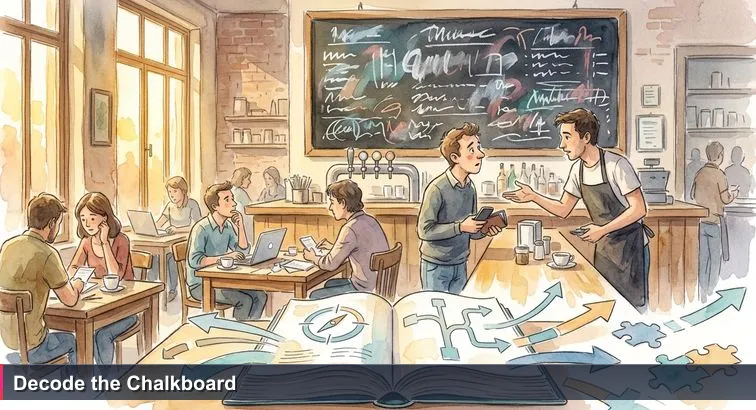 Late-afternoon Buenos Aires café with a chalkboard menu showing crossed-out prices, patrons on laptops, and a barista explaining peso vs dollar pricing.
