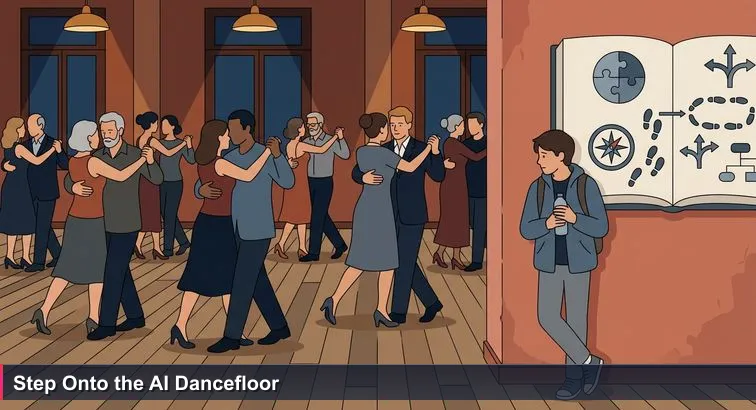 Dimly lit Buenos Aires milonga with couples dancing on a worn wooden floor; a young person in sneakers and a backpack watches from the wall, clutching a water bottle.