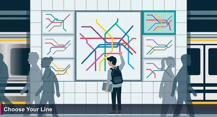 Crowded Buenos Aires Subte platform with a tiled subway map; a young professional with a CV traces two colored lines while commuters blur around them.