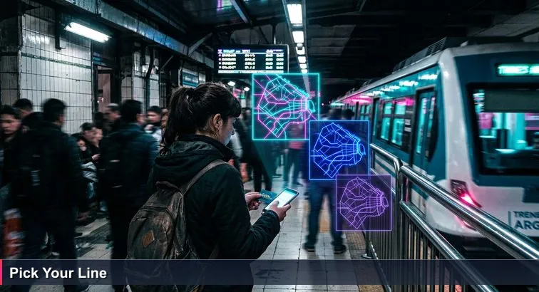 Early evening at Constitución station in Buenos Aires: a young commuter with a backpack checks a phone showing three colored Subte routes while trains arrive on tiled platform.