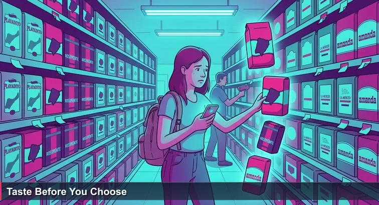 Young woman in a Buenos Aires supermarket aisle frozen between dozens of yerba mate bags, phone open to a ‘Top 10’ list as price tags are updated