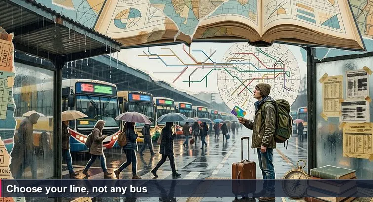 A rainy morning at Constitución station: colectivos lined up under a dripping roof, a hesitant young person with a backpack and SUBE card watching seasoned commuters choose their lines.
