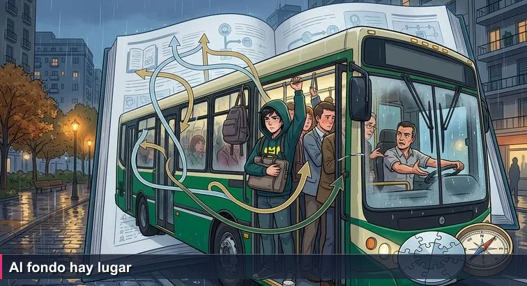 Packed Buenos Aires colectivo 152 on a rainy evening with commuters in tech hoodies, backpacks and laptops, one passenger squeezing through the door as the driver shouts “¡Al fondo hay lugar!”