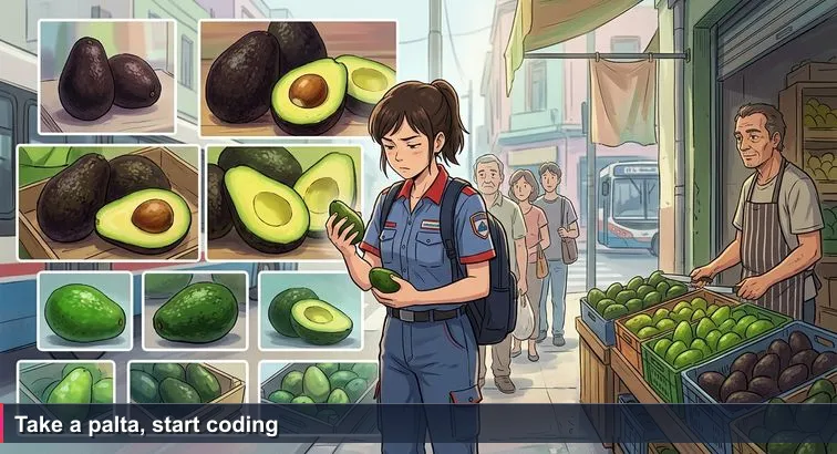 Neighborhood verdulería in Buenos Aires with crates of avocados, a young woman in a colectivo uniform squeezing a palta while a vendor and a short line look on, city block behind them.