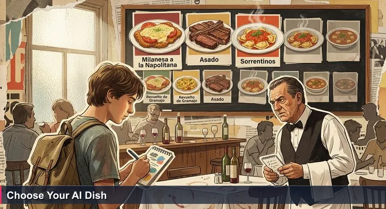 A crowded Buenos Aires bodegón at lunchtime, blackboard menu listing Top 10 dishes, a young person with a laptop backpack looking up pensively as a waiter points to the chalkboard.