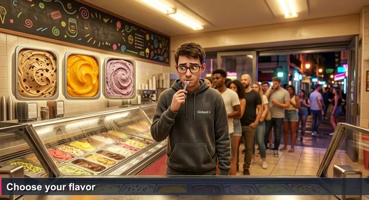 A crowded Palermo heladería at night with forty flavors behind glass, a chalkboard reading TOP 10 SABORES DEL MES, and a developer in a hoodie hesitating over a decision.