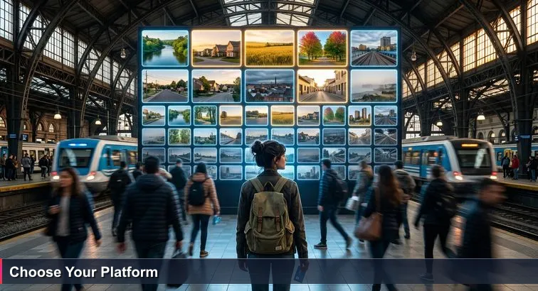 Constitución station at rush hour: a young person with a backpack and SUBE card stands beneath a large digital departure board, symbolizing choices among tech careers.