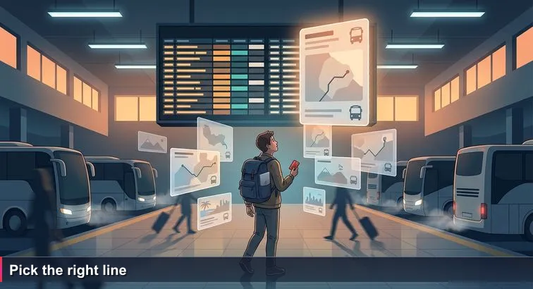 Young developer in Retiro terminal staring at a large departures board, backpack and SUBE card visible, dusk light and buses in background