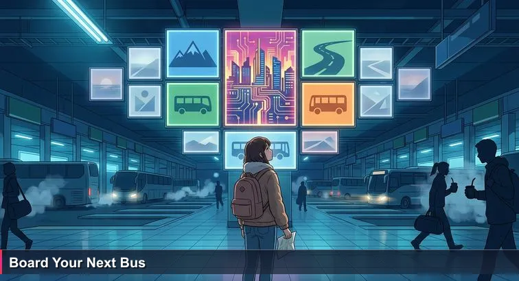 Young woman at Retiro bus terminal at night, backpack on, holding a crumpled note reading 'llegar más lejos en tecnología' in front of large departure boards and rushing commuters.