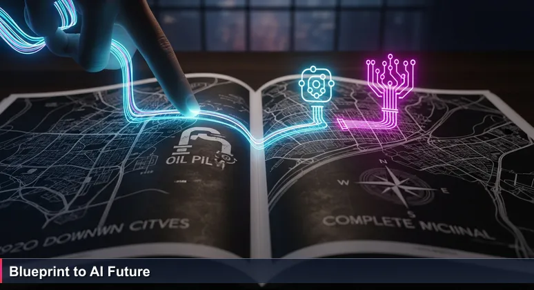 A detailed image showing an old blueprint of Tulsa overlaid with modern AI and data network schematics, symbolizing the city's evolution into an AI hub.