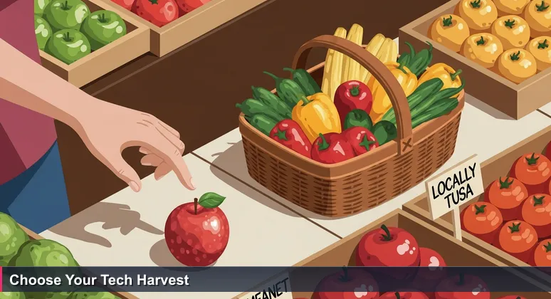 A hand choosing between a glossy imported apple and a basket of local vegetables at Tulsa Farmers Market, symbolizing tech career choices between high salary and community value.