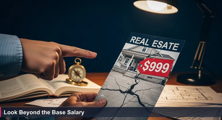 A hand points to a low price on a real estate flyer, with foundation cracks visible, symbolizing hidden aspects of AI compensation in Tulsa's job market.