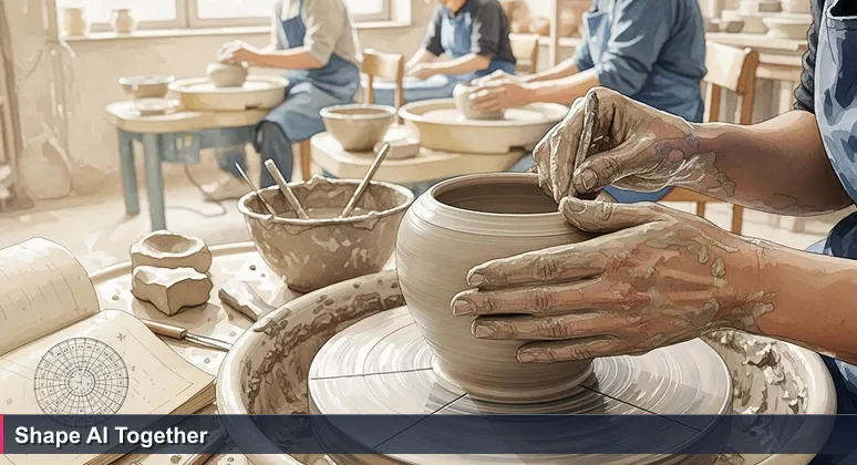 Hands shaping clay on a pottery wheel, symbolizing the hands-on, collaborative AI community building in Tulsa, OK.