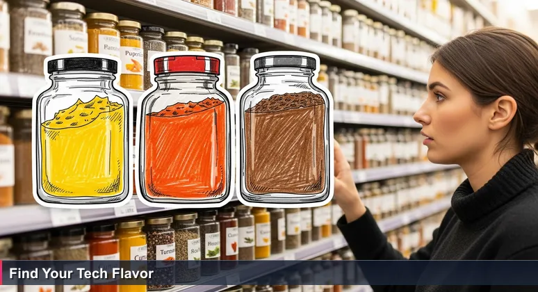 A bewildered person in a spice aisle with jars symbolizing career options, representing the challenge of choosing a tech path in Tulsa.