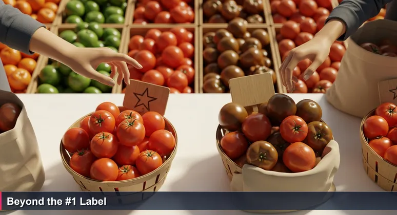 A customer's hands at a Tulsa farmers' market, hesitating between a tomato basket labeled '#1 BEST!' and an unlabeled one favored by local shoppers.